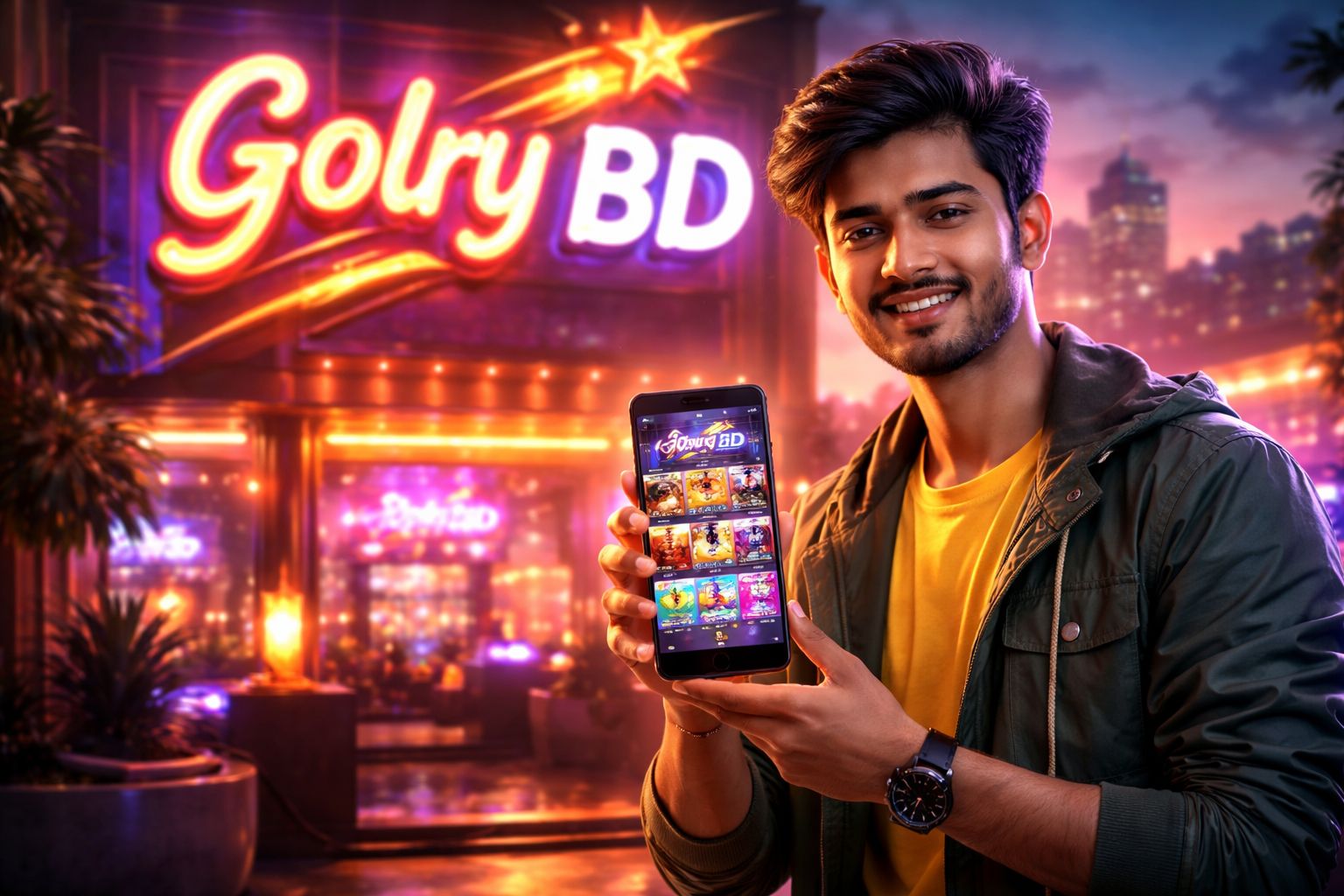 Vibrant Bangladeshi gaming scene showcasing a dynamic casino lobby with colorful slot symbols and a glowing Golry BD neon sign in the background