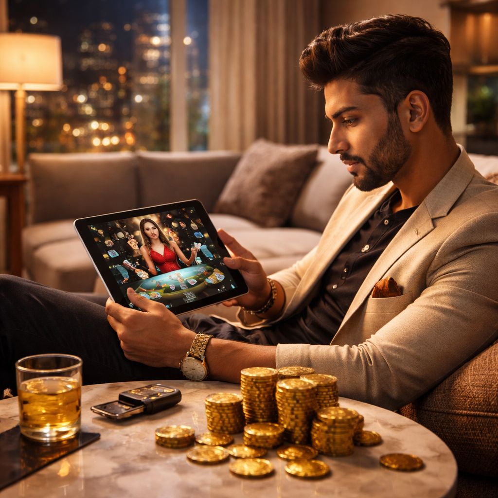 Stylish Bangladeshi player immersed in a live casino session with golden poker chips and elegant table layout reflecting the premium atmosphere of Golry BD