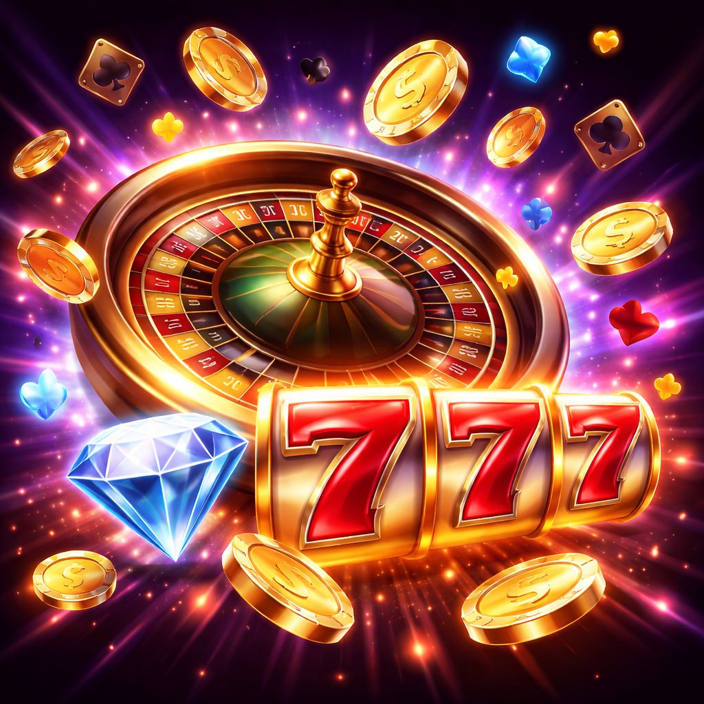 Dynamic composition of casino game elements including spinning roulette wheel, flying chips, and glowing slot icons representing Golry BD's diverse game portfolio