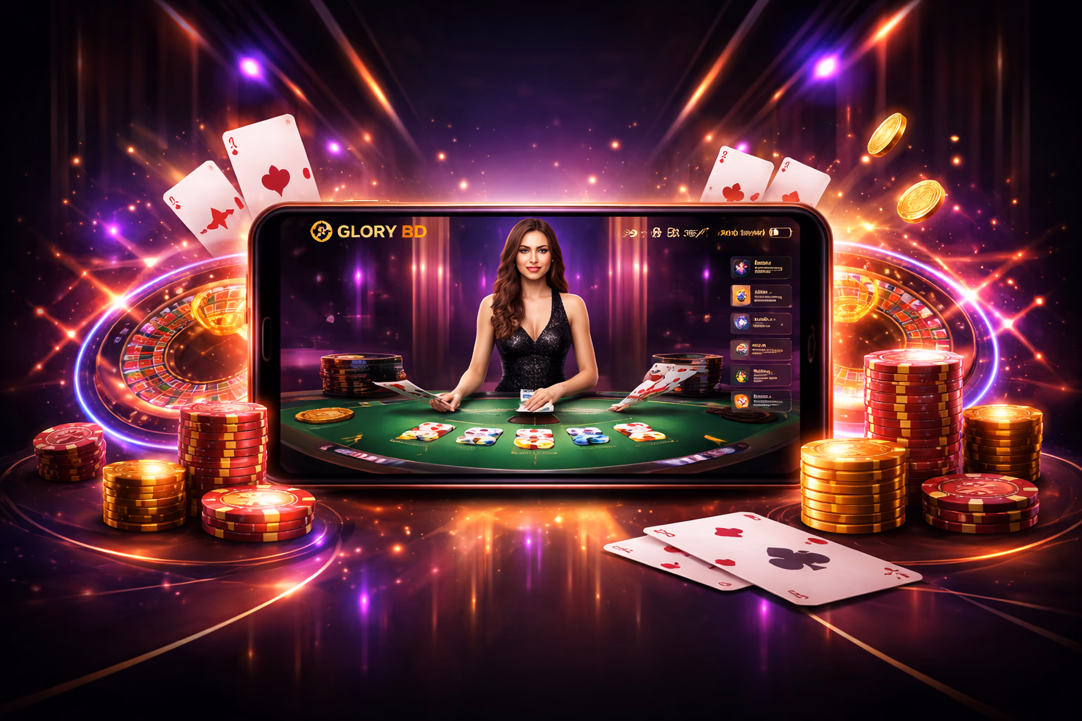 Confident Bangladeshi user exploring the Golry BD mobile app with colorful casino elements and dynamic game thumbnails in the background