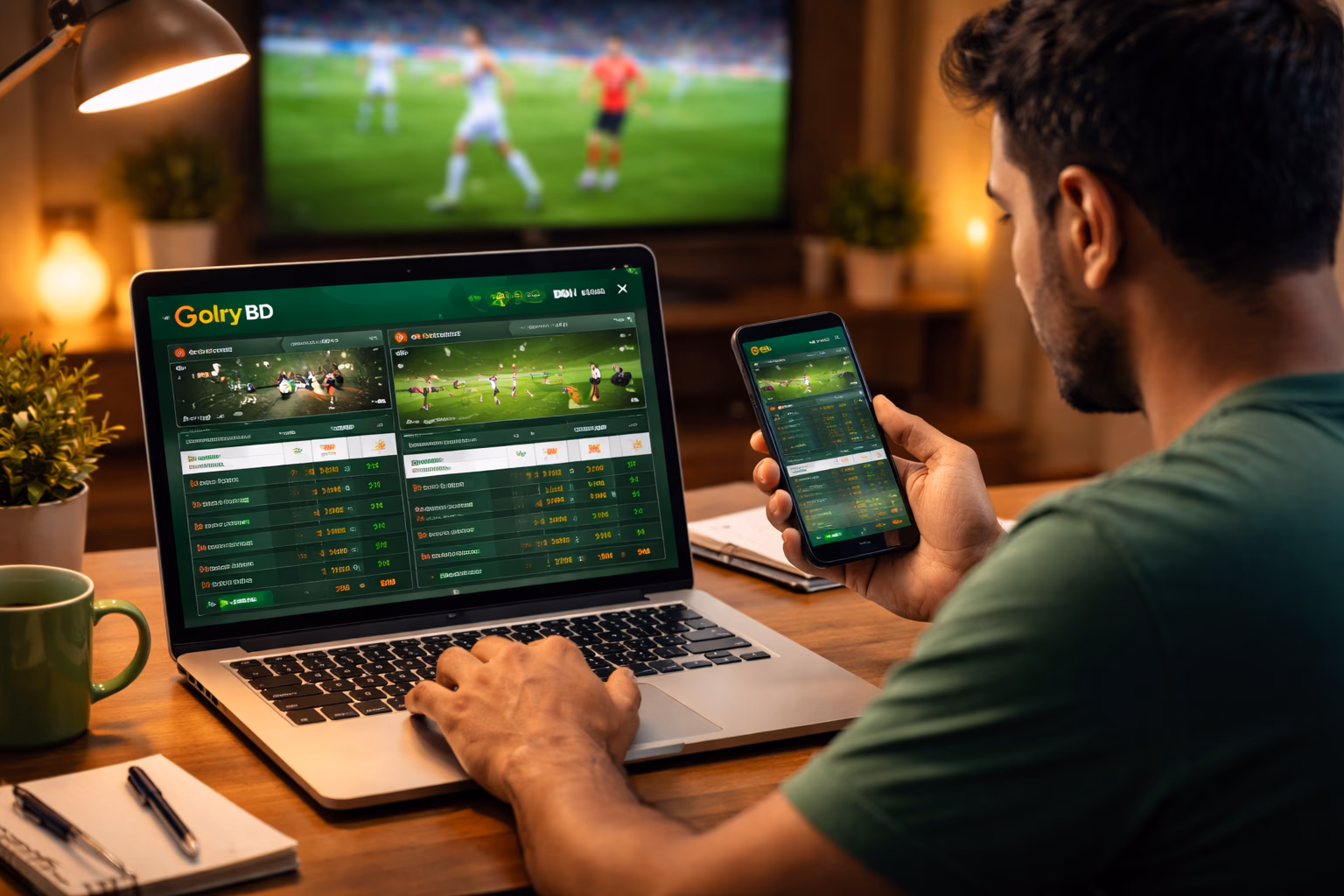 Focused Bangladeshi bettor analyzing live football and cricket odds on a laptop using Golry BD while a televised match plays in the background
