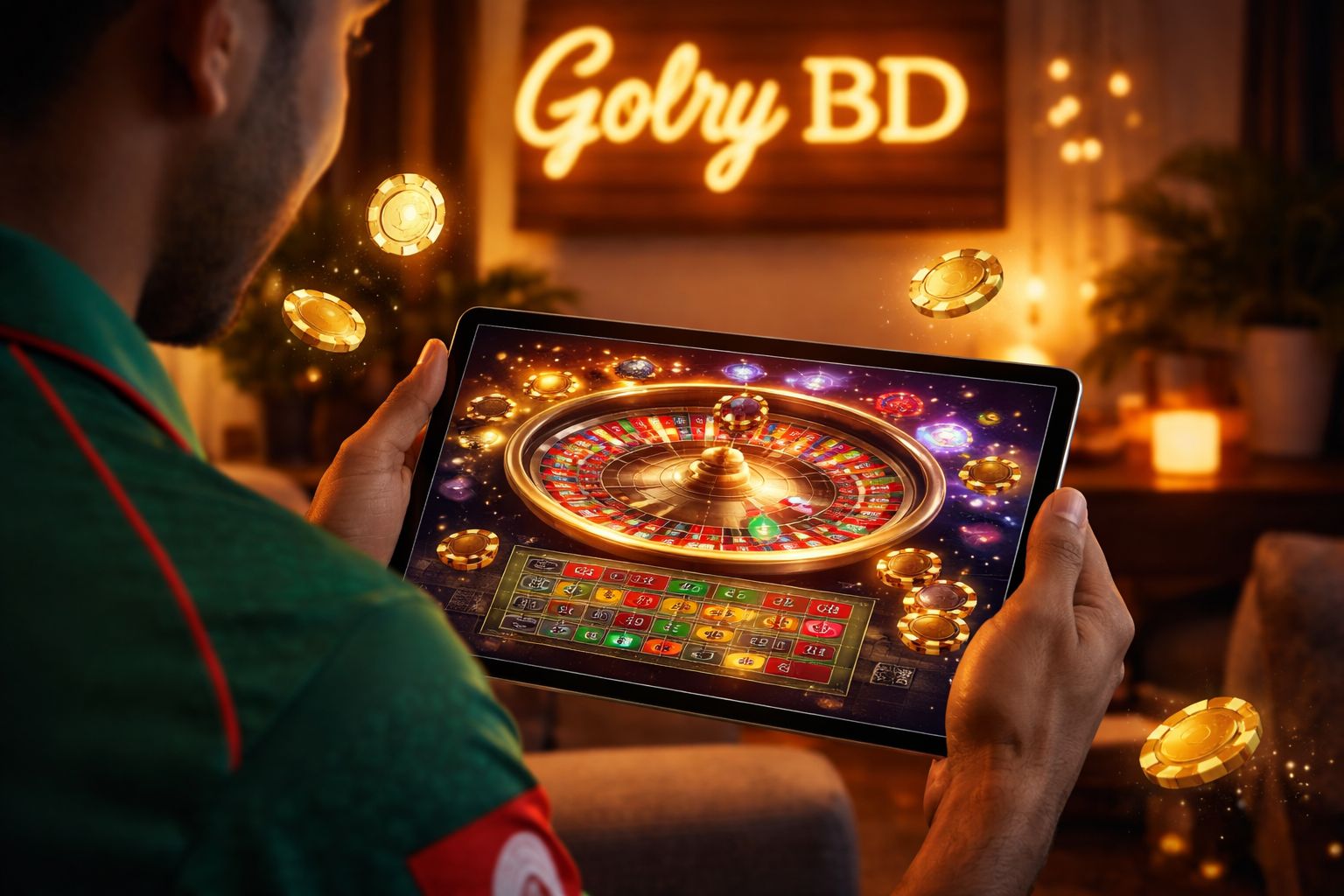A glowing digital roulette wheel emerging from a tablet screen surrounded by golden chips representing the exciting online casino atmosphere at Golry BD in Bangladesh