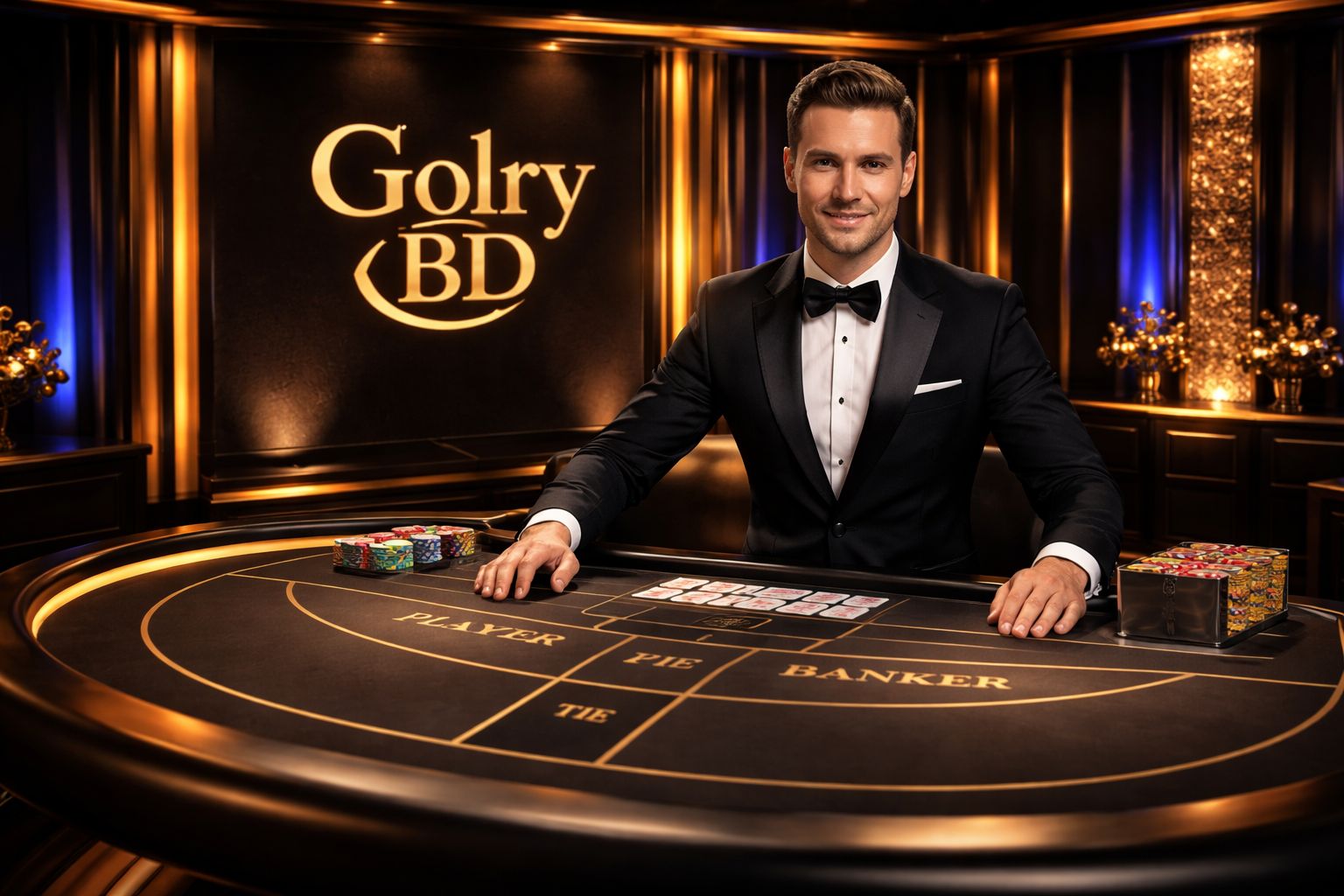 Elegant live casino dealer confidently presenting cards at a beautifully designed baccarat table surrounded by luxurious studio lighting representing the premium atmosphere of Golry BD in Bangladesh