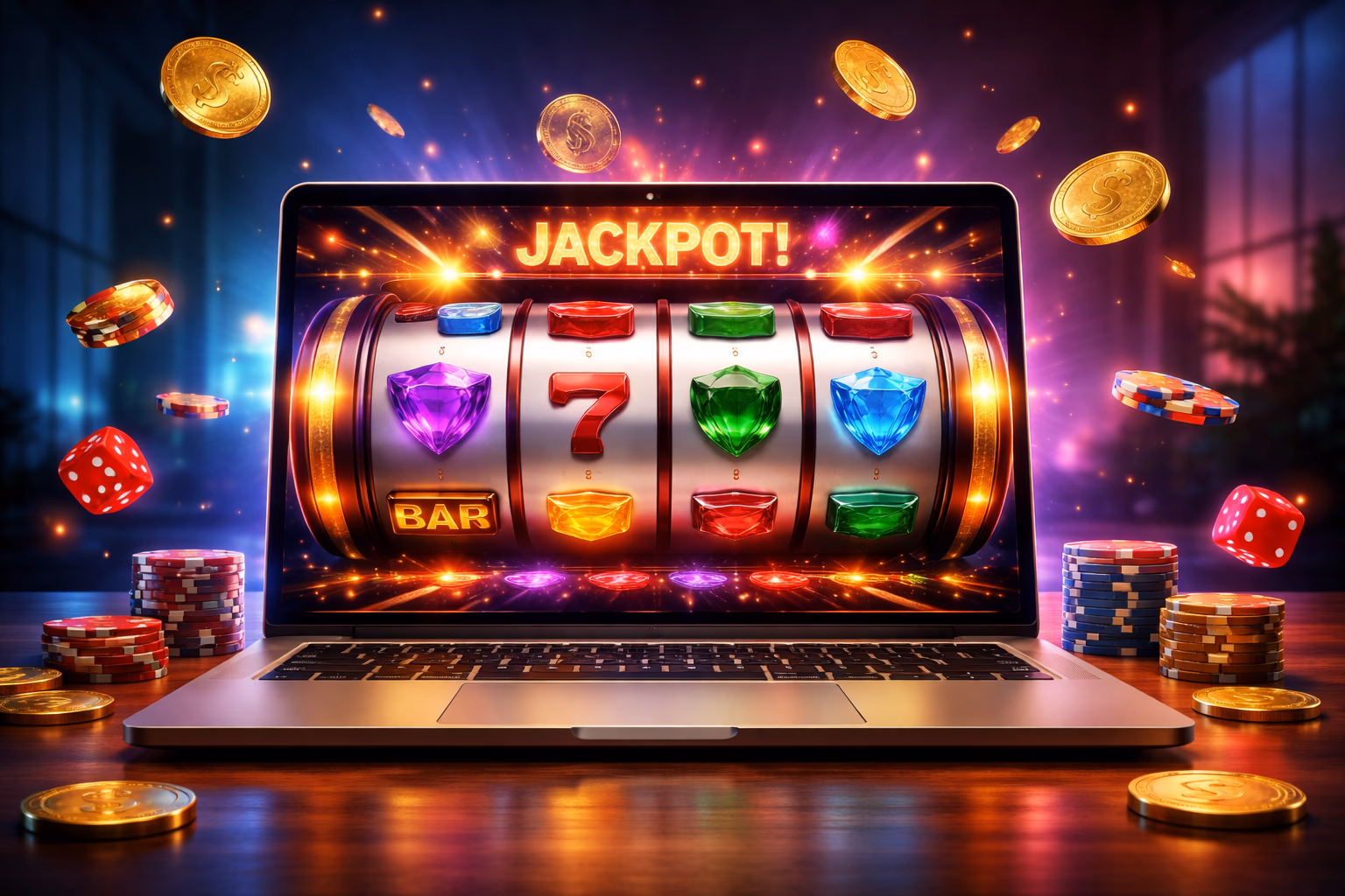 Desktop monitor displaying the Golry BD Aviator crash game with colorful betting chips and a luminous roulette wheel creating an immersive digital casino atmosphere