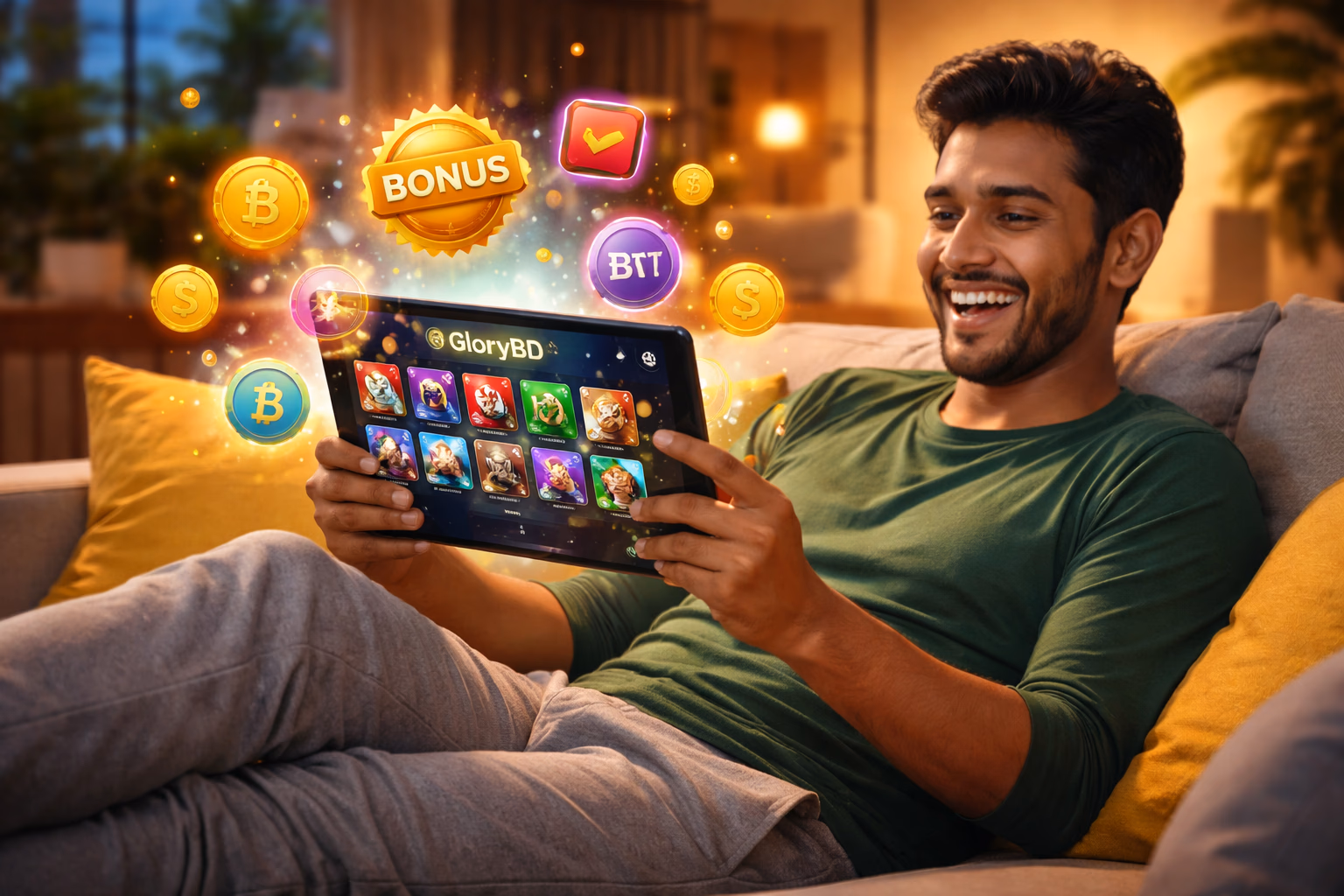 Thrilled Bangladeshi gamer exploring the Golry BD account dashboard surrounded by floating reward icons and golden tokens